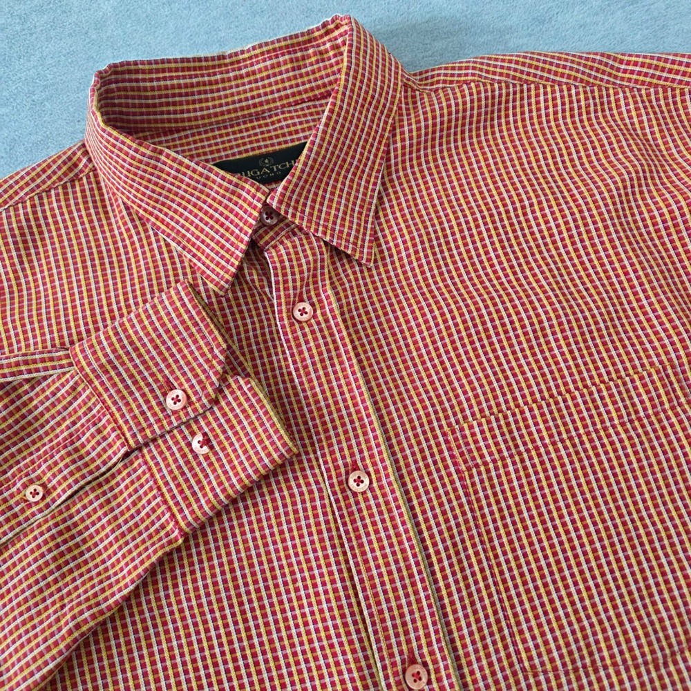 Bugatchi Uomo Men XL Red Orange Yellow Micro Check Long Sleeve Button Down Shirt